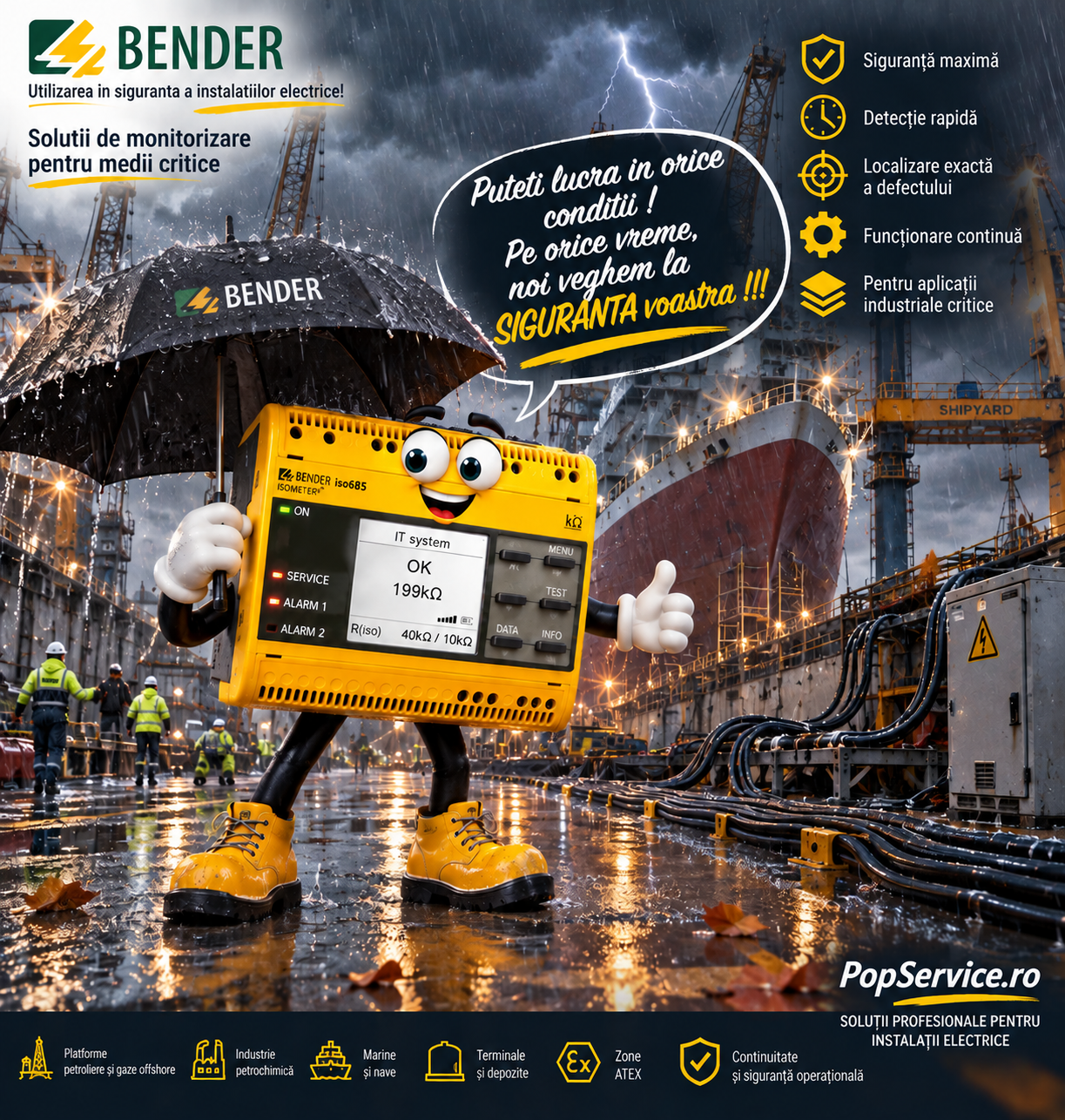 ISOMETER iso685 stă în siguranță în ploaie, lângă o navă