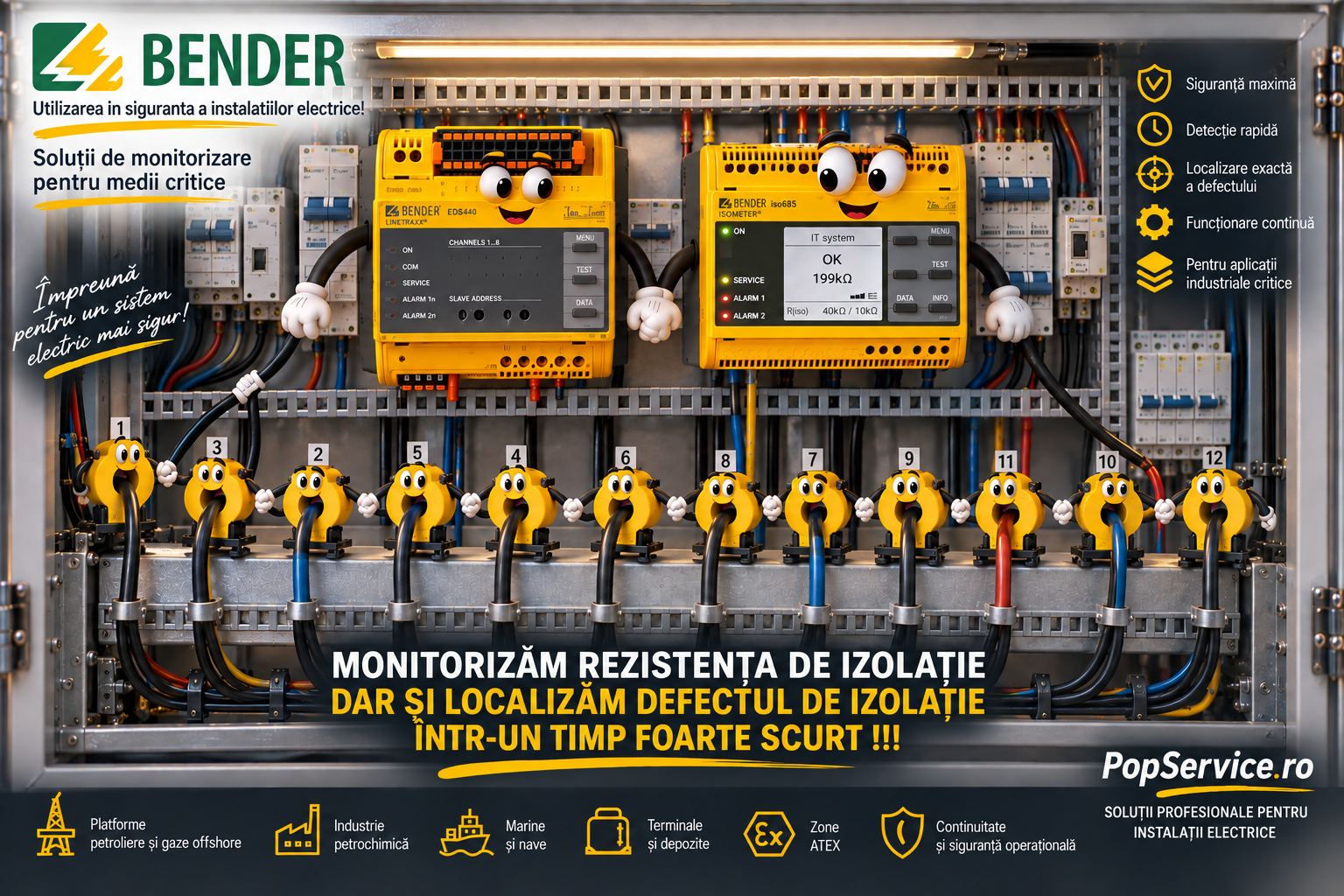 ISOMETER iso685 și ISOSCAN EDS440 montați în tablou împreună cu mai mulți LINETRAXX CTAC